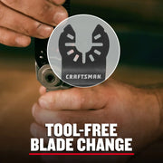 Close-up photo of hands changing a Craftsman CMAO516 saw blade with tool-free mechanism, product graphic overlay.