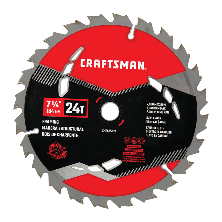 Photo of Craftsman framing saw blade, 7-1/4 inch, 24 teeth, carbide, SKU CMAS372524, front view.