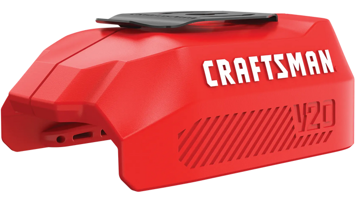 Photo of Craftsman V20 battery cover, SKU CMCB002B, in red plastic with black top, angled on white background.