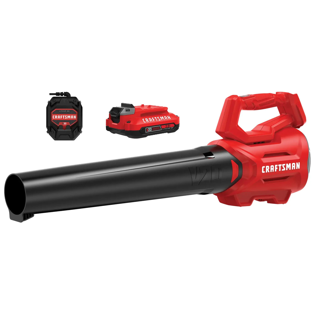 Photo of Craftsman cordless leaf blower kit with battery and charger, SKU CMCBL700D1, side view on white background.