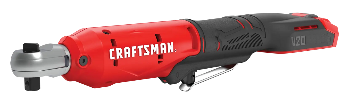 Photo of Craftsman cordless ratchet, red and black, model CMCF930B, side angle on white background.