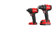 Front angle photo of Craftsman CMCK201D1 cordless drill and impact driver set in red and black.