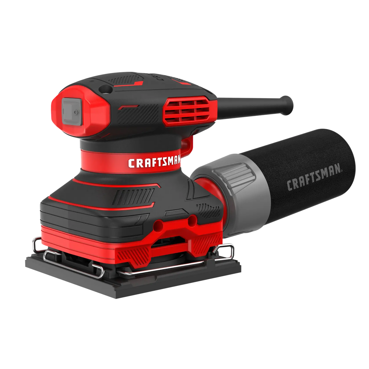 Photo of Craftsman CMEW230 black and red sheet sander with dust collection, front left angle.