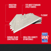 Photo of Craftsman utility knife blades, SKU CMHT11700N, stack of 75, induction hardened, durable metal construction.