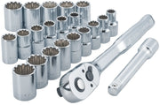 Craftsman CMMT12015 socket wrench set with chrome sockets, ratchet, and extension bar, side angle on white background.