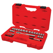 Craftsman CMMT12113 socket wrench set with metal sockets and ratchet in open red plastic case, product photo, angled view.