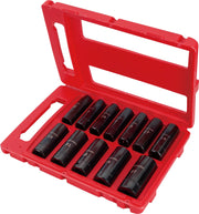 Craftsman CMMT15887 socket set with 12 black sockets in a red hard case, angled view on white background.