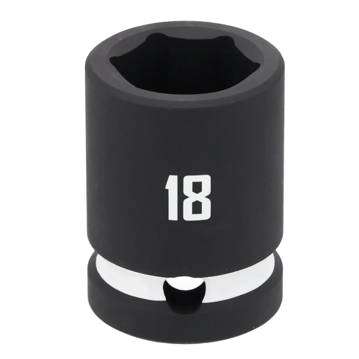 A close-up image of a black Craftsman 18mm impact socket, with the number 18 clearly marked on the side.