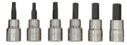 Photo of six CRAFTSMAN hex bit sockets, chrome finish, assorted sizes, SKU CMMT34447, straight-on white background.