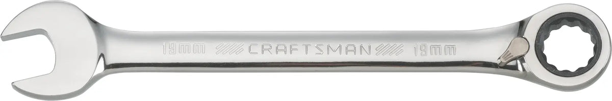 Photo of Craftsman CMMT42430 ratcheting combination wrench, 19mm, chrome finish, side view on white background.