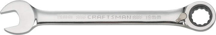 Photo of Craftsman CMMT42430 ratcheting combination wrench, 19mm, chrome finish, side view on white background.