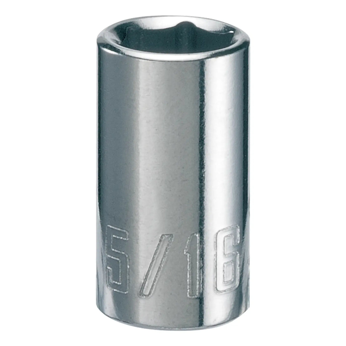 Photo of Craftsman socket, chrome finish, 5/16 inch size, model CMMT43495, front angle, white background.