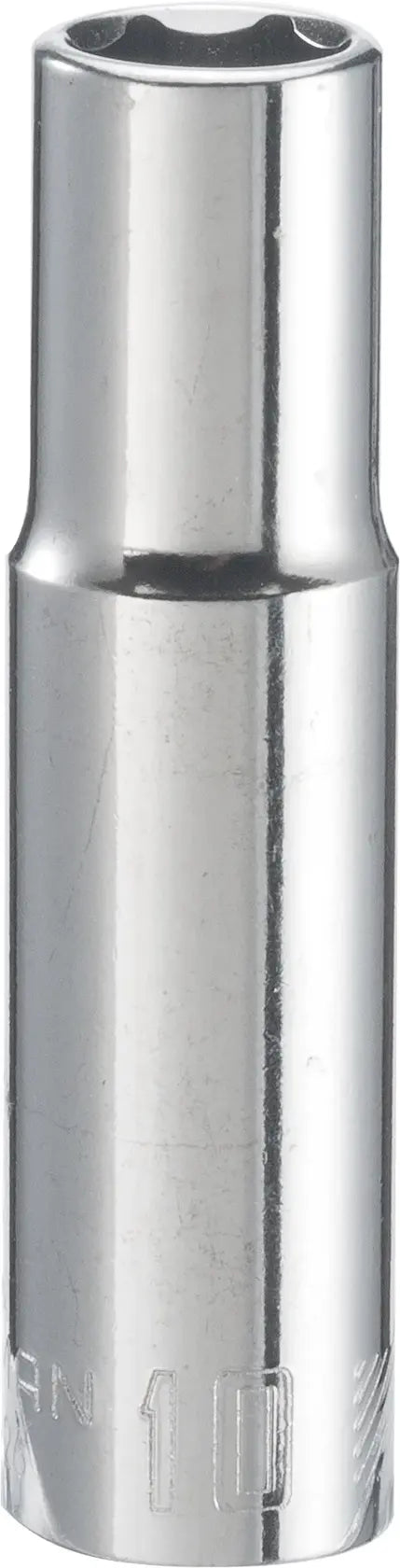 Craftsman long chrome socket, size 10mm, CMMT44426, tool photography, product on white background, front view.