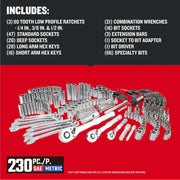 CRAFTSMAN CMMT45306 230-piece SAE and metric mechanics tool set, includes ratchets, sockets, wrenches, bits, white background angle.