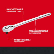 Photo of Craftsman ratchet, CMMT99441, 15-inch long handle, polished chrome, features labeled on a red background.