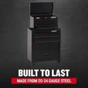 Black CRAFTSMAN tool chest and cabinet with multiple drawers, shown on wheels. The top chest has an open lid. Text on the image says 'BUILT TO LAST' and 'MADE FROM 20-24 GAUGE STEEL.'
