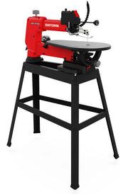 A red and black CRAFTSMAN scroll saw with a metal stand, designed for precision wood cutting, shown against a white background.