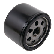 Black cylindrical oil filter with metal base, white background beauty shot, angled view