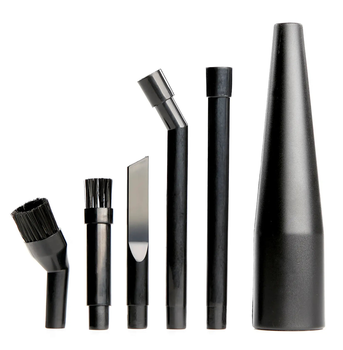 A set of six black vacuum cleaner attachment tools, including different nozzles and brushes, arranged upright in a row on a white background.